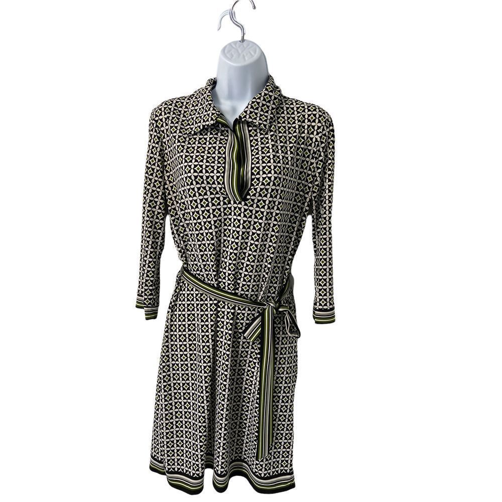 Studio M Geometric Printed 3/4 Sleeves Collared Belted Shirt Dress Small